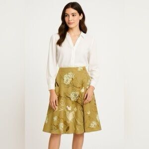 Anthropologie Odille Green Bird & Floral Print A-Line Midi Skirt - 8 - *No Belt*